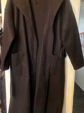 Long Black Open Front Wool-Blend Coat